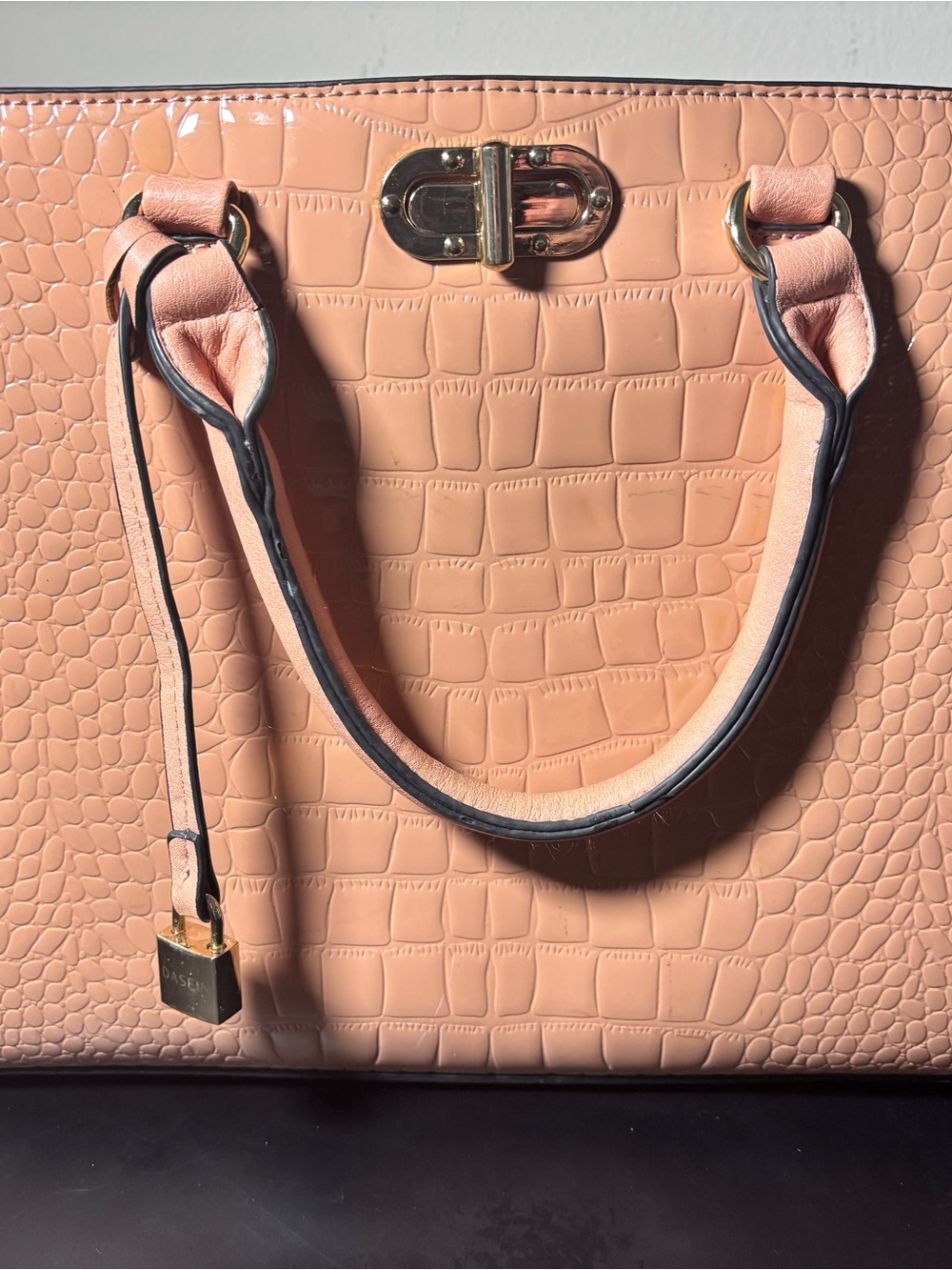 Croc-Embossed Peach Satchel with Gold Lock Detail